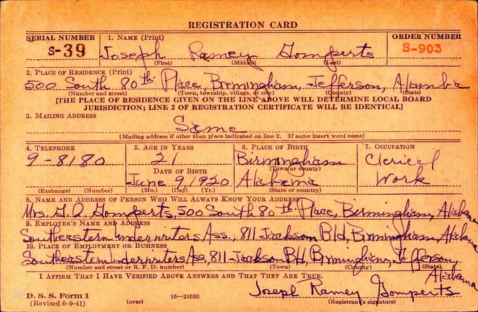 Joseph Ramey Gomperts Draft Registration Card
