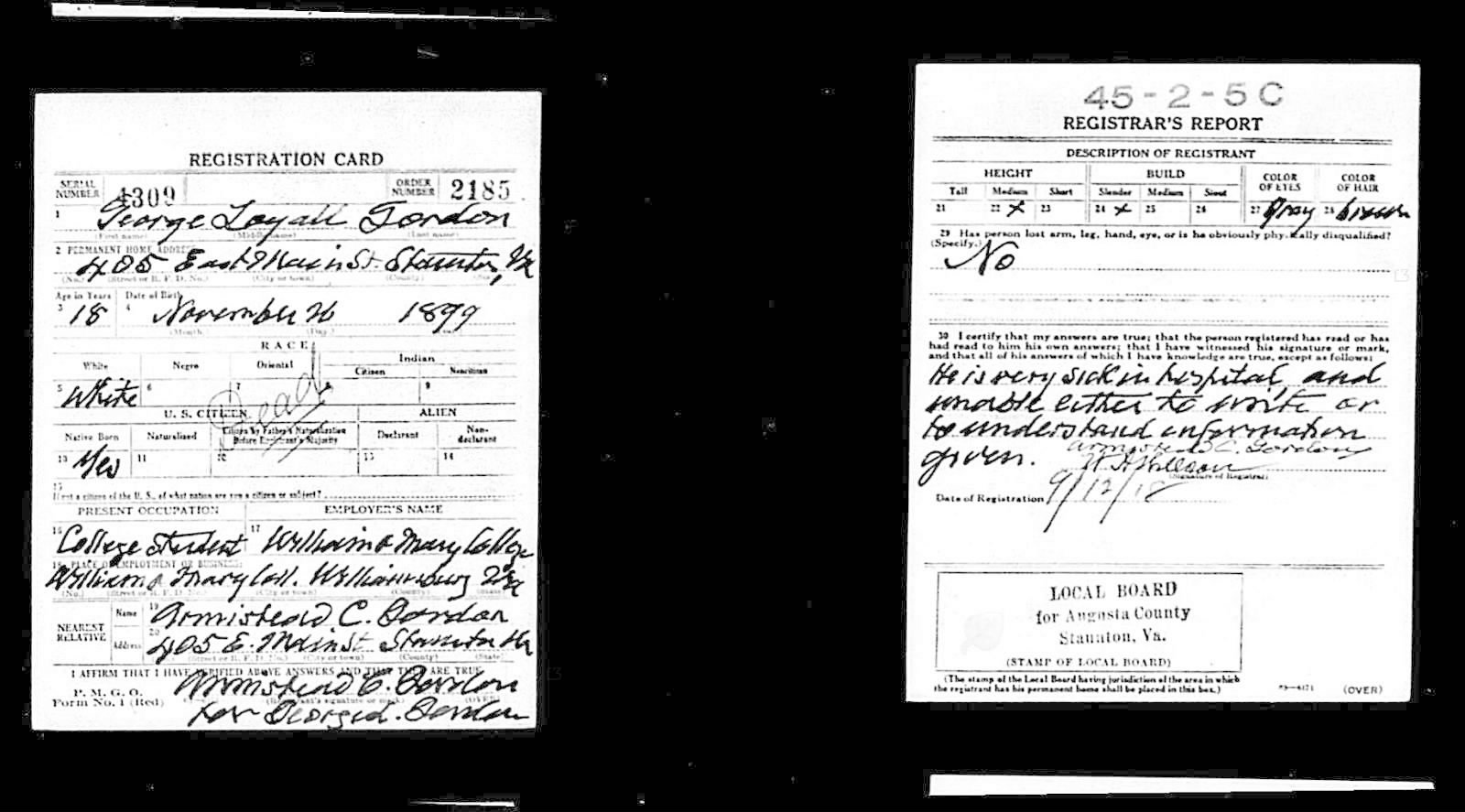George Loyall Gordon Draft Registration Card