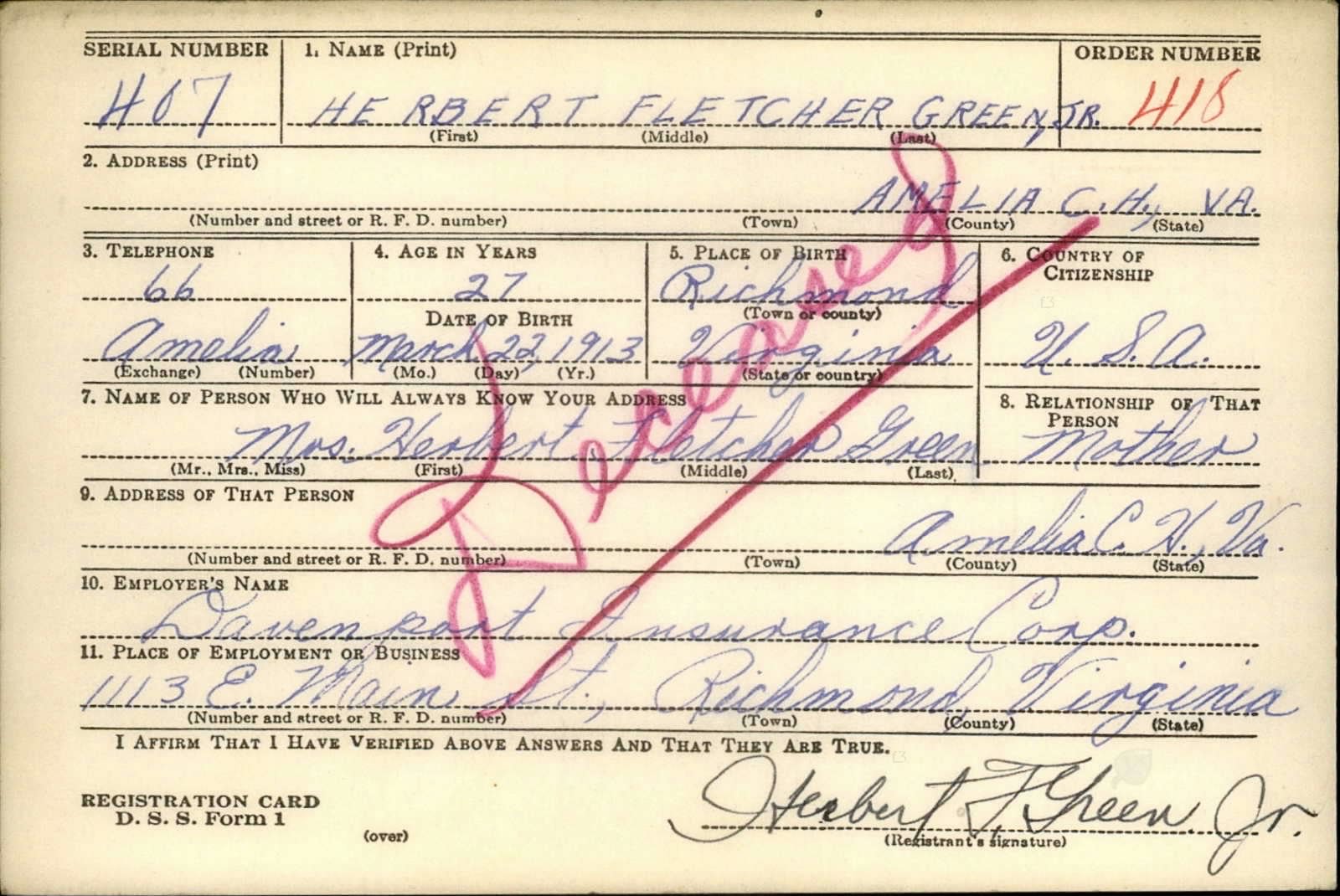 Herbert Fletcher Green Draft Registration Card