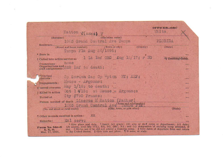 James V. Hatton Burial Card