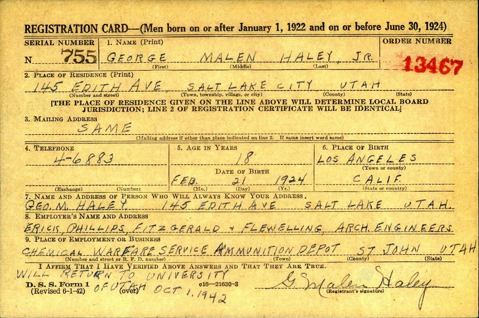 George Haley Malen Draft Registration Card
