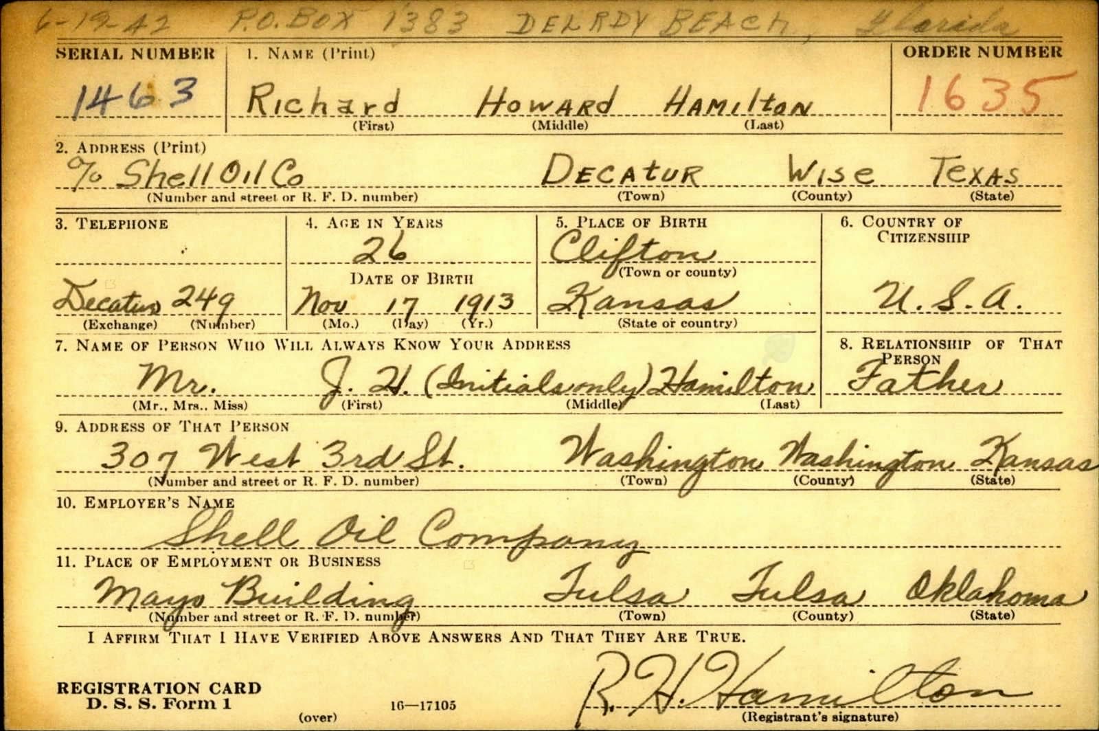 Richard Howard Hamilton Draft Registration Card