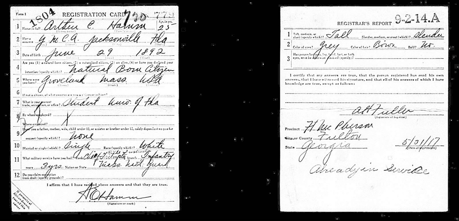 Arthur Ellis Hamm Draft Registration Card