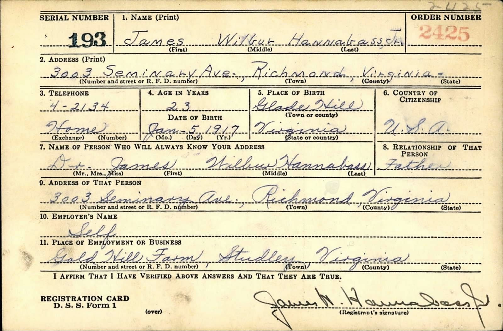 James Wilbur Hannabass, Jr. Draft Registration Card