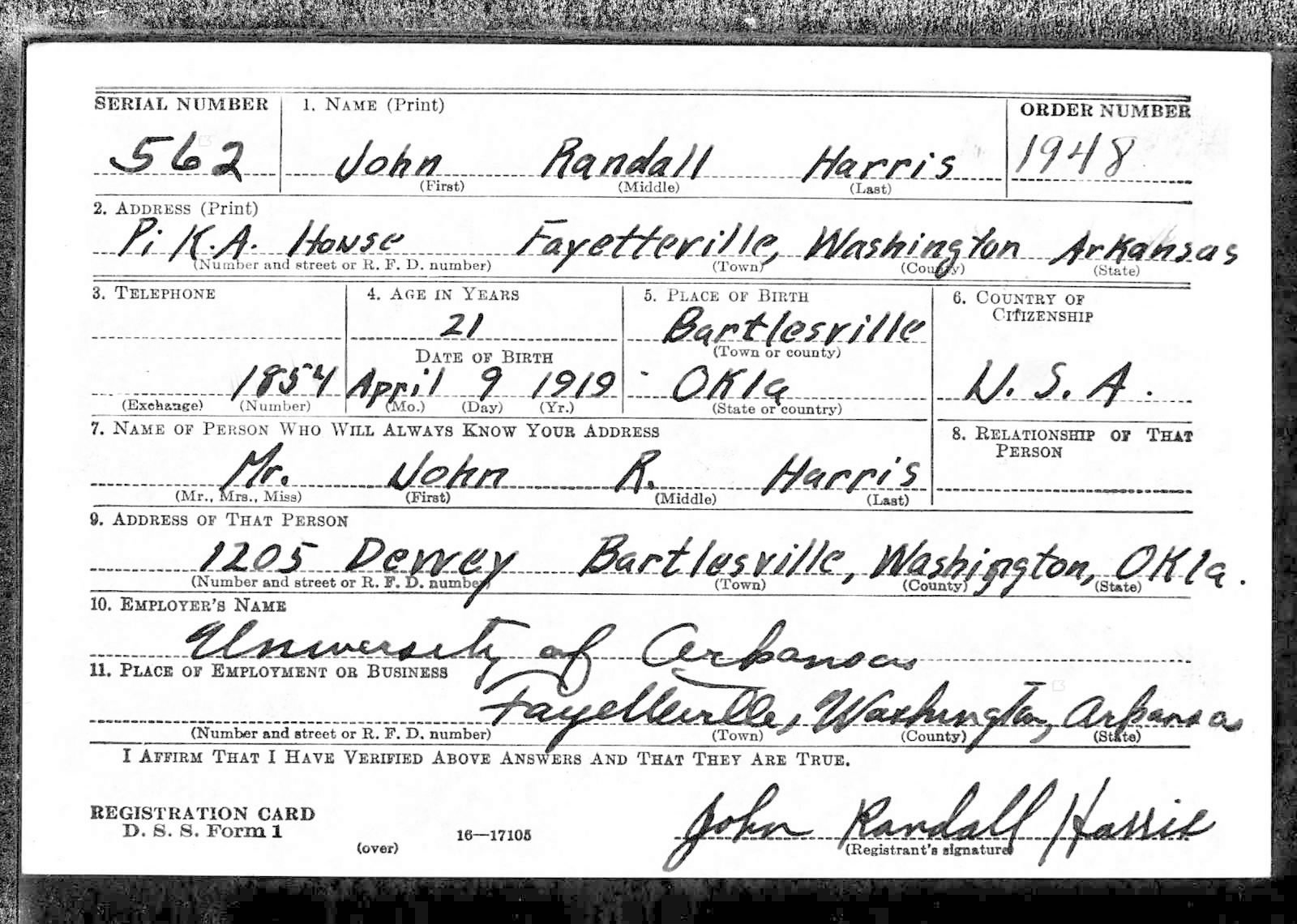 John Randall Harris Draft Registration Card