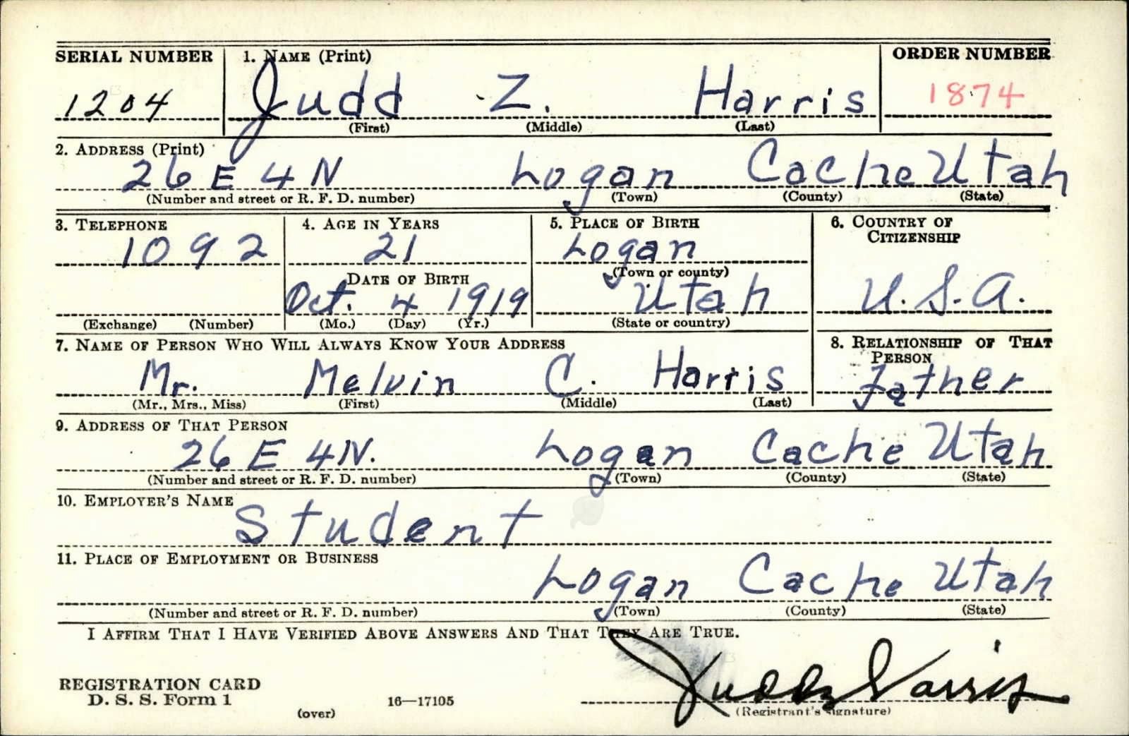Judd Z. Harris Draft Registration Card
