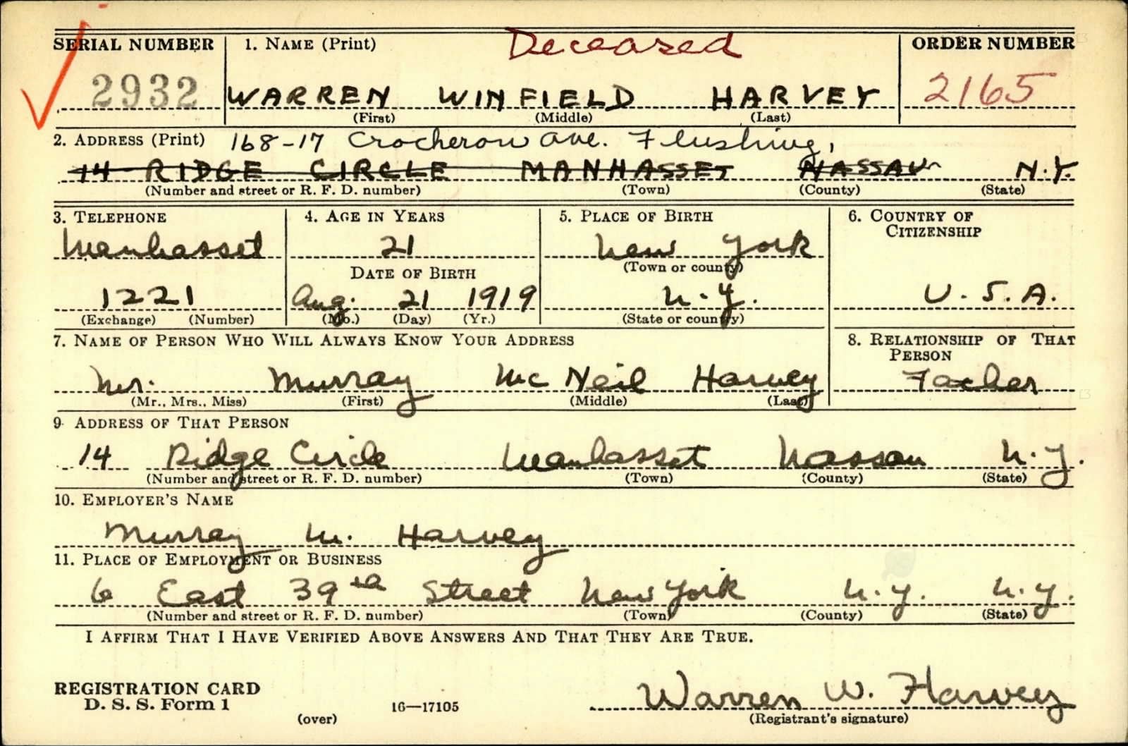 Warren Winfield Harvey Draft Registration Card