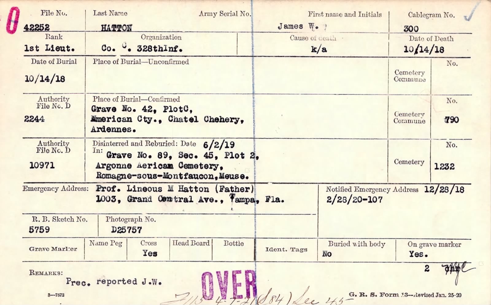 James W. Hatton Burial Card