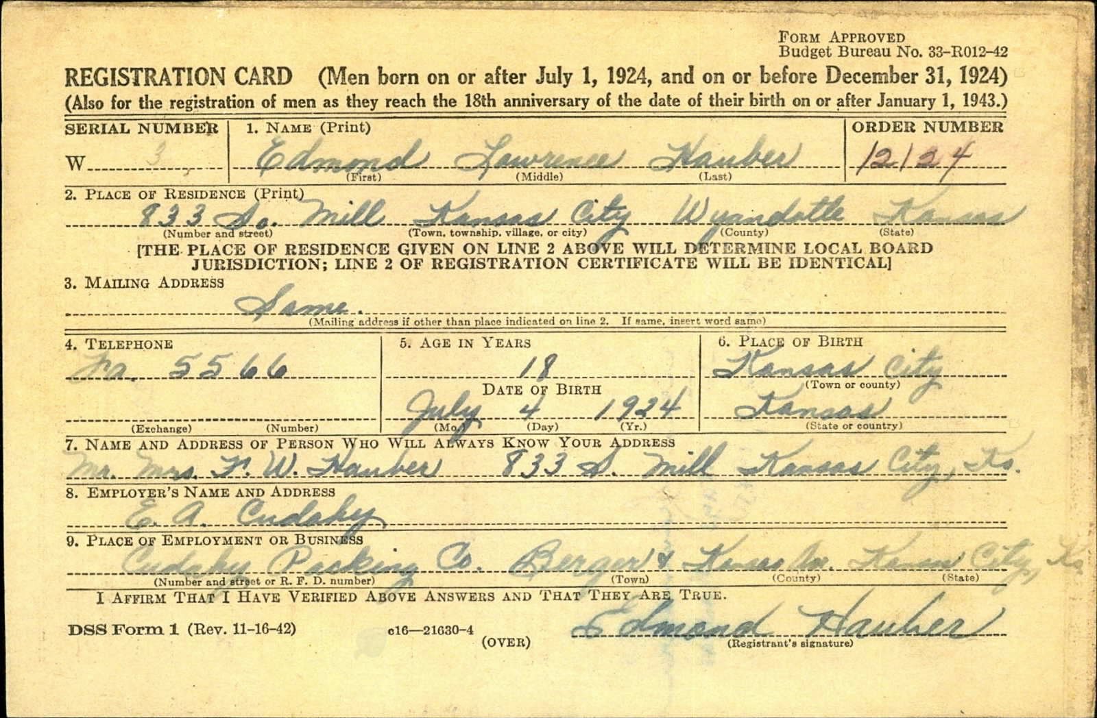 Edmond Lawrence Hauber Draft Registration Card