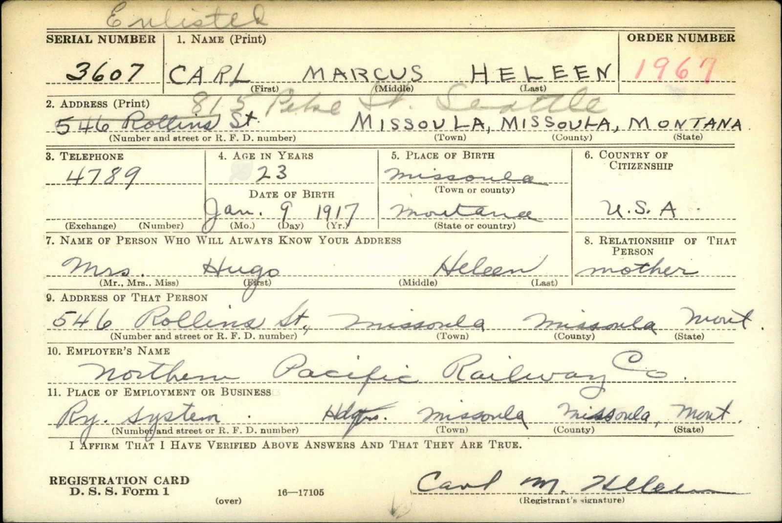 Carl Marcus Heleen Draft Registration Card