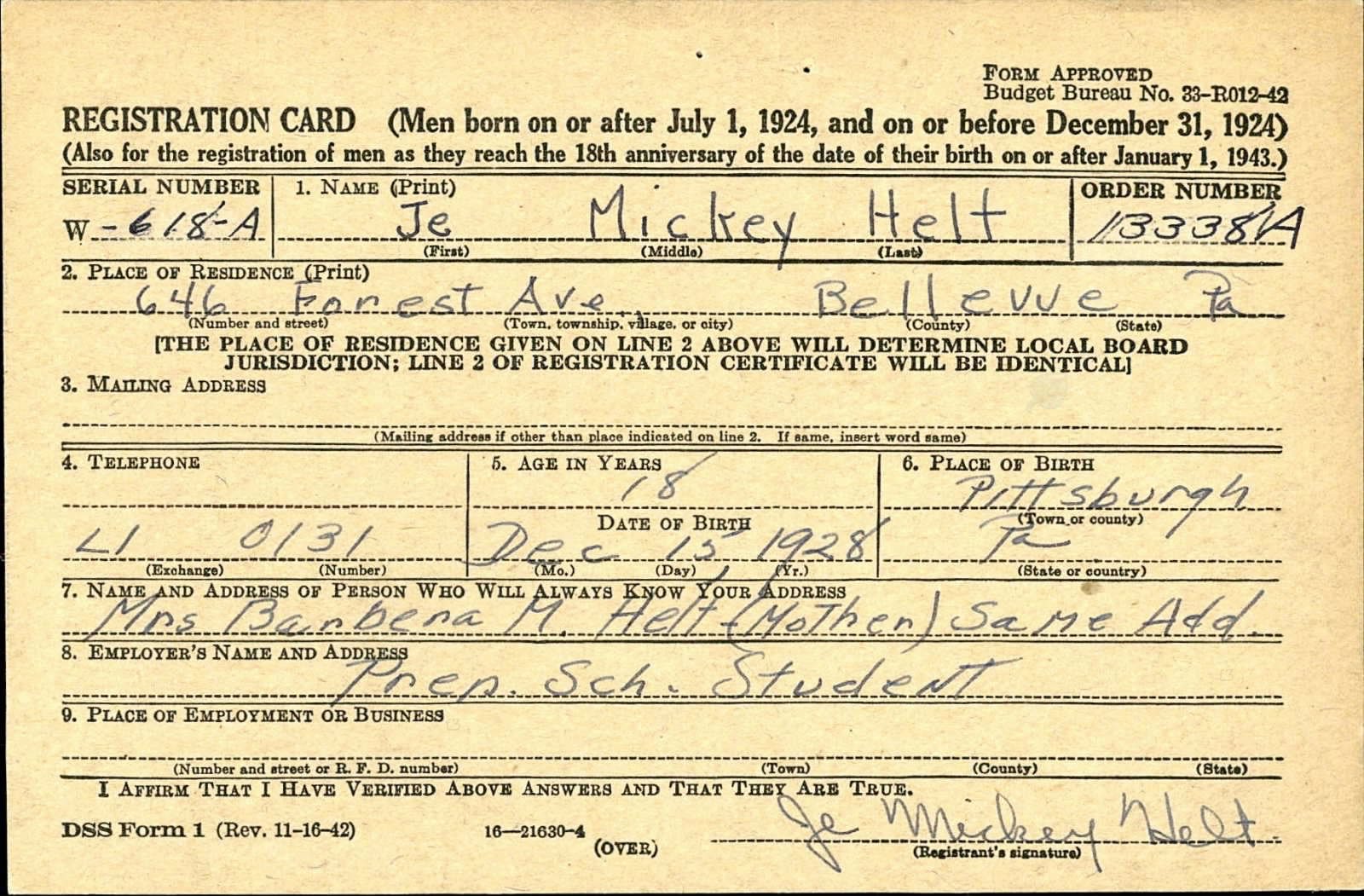 Je Mickey Helt Draft Registration Card