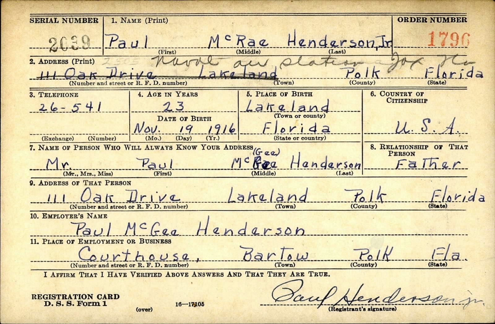 Paul Mcrae Henderson Draft Registration Card