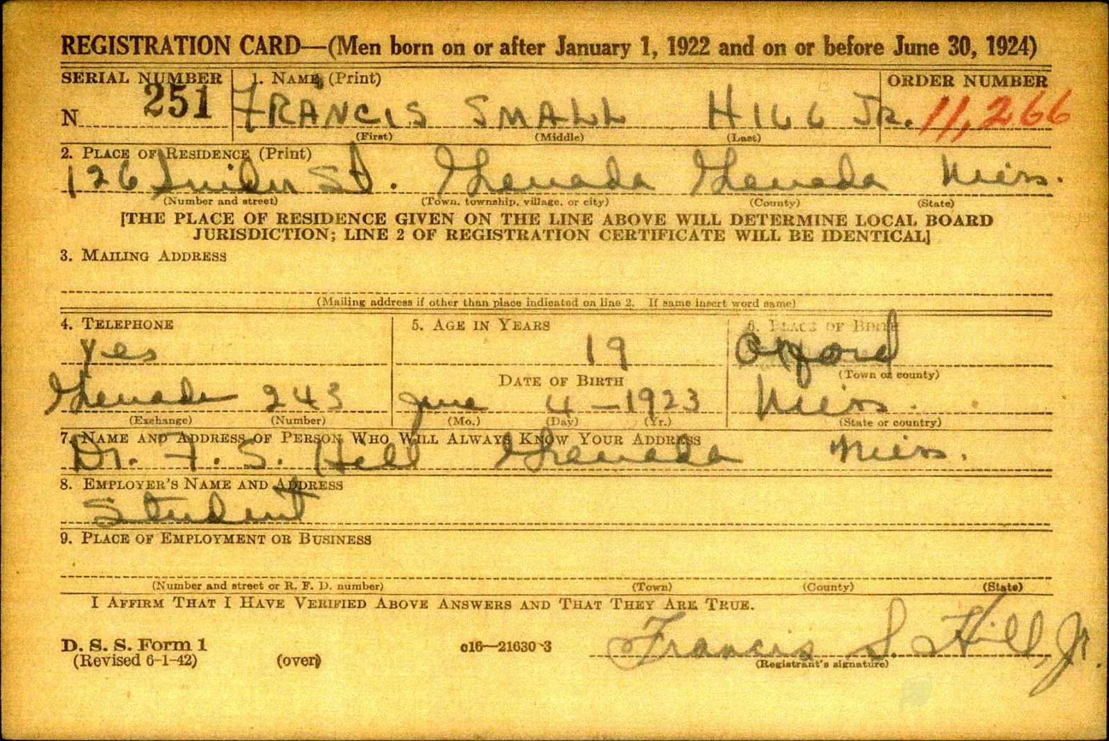 Francis Small Hill Draft Registration Card