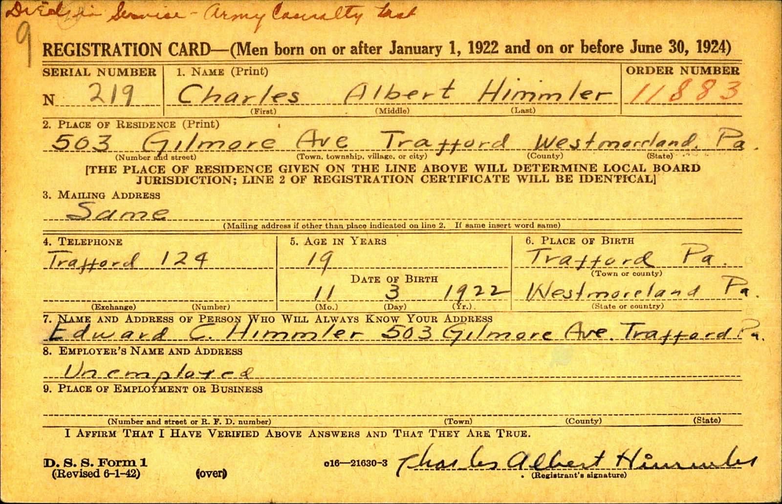 Charles Albert Himmler Draft Registration Card