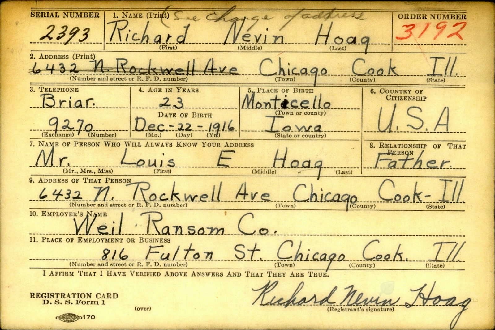 Richard Nevin Hoag Draft Registration Card