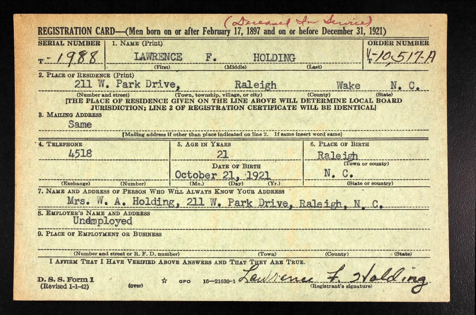 Lawrence F Holding Draft Registration Card