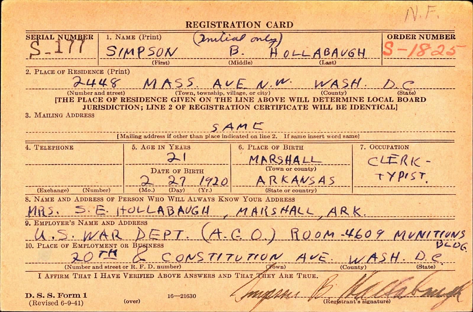 Simpson B. Hollabaugh Draft Registration Card