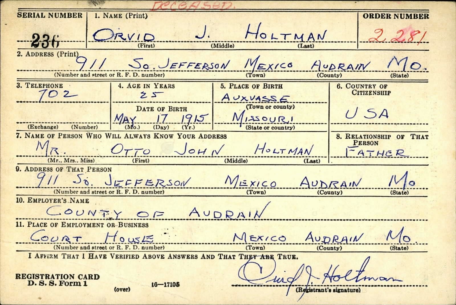 Orvid J Holtman Draft Registration Card
