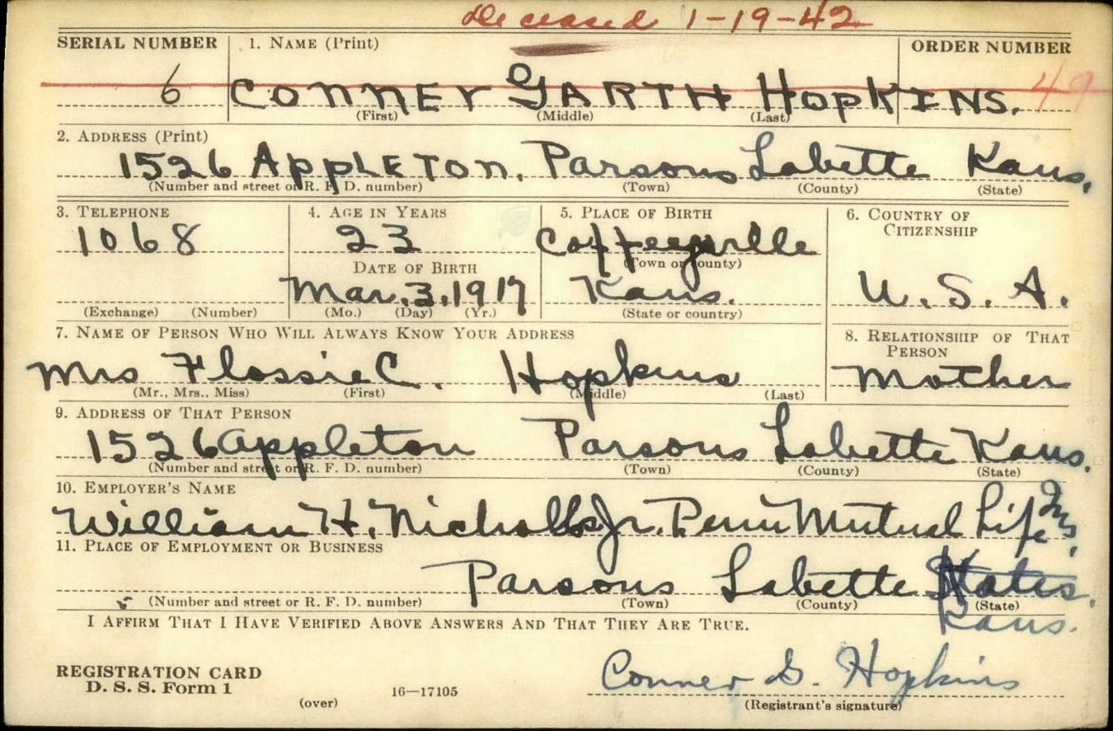 Conner Garth Hopkins Draft Registration Card