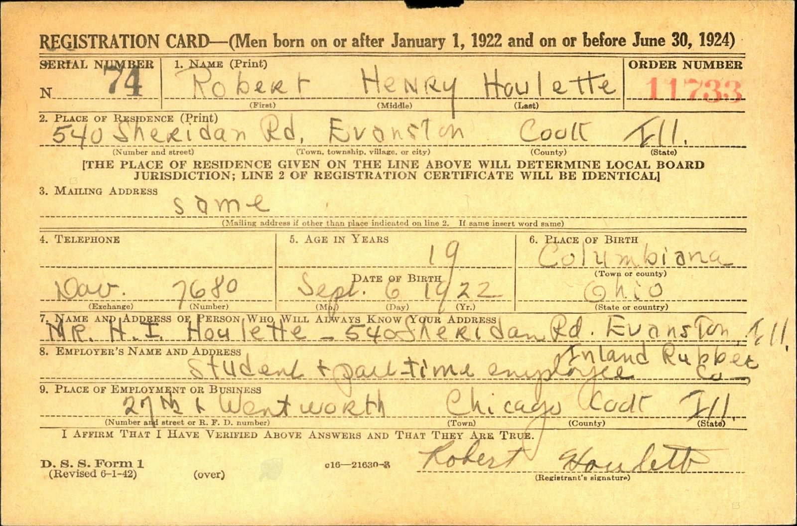 Robert Henry Houlette Draft Registration Card