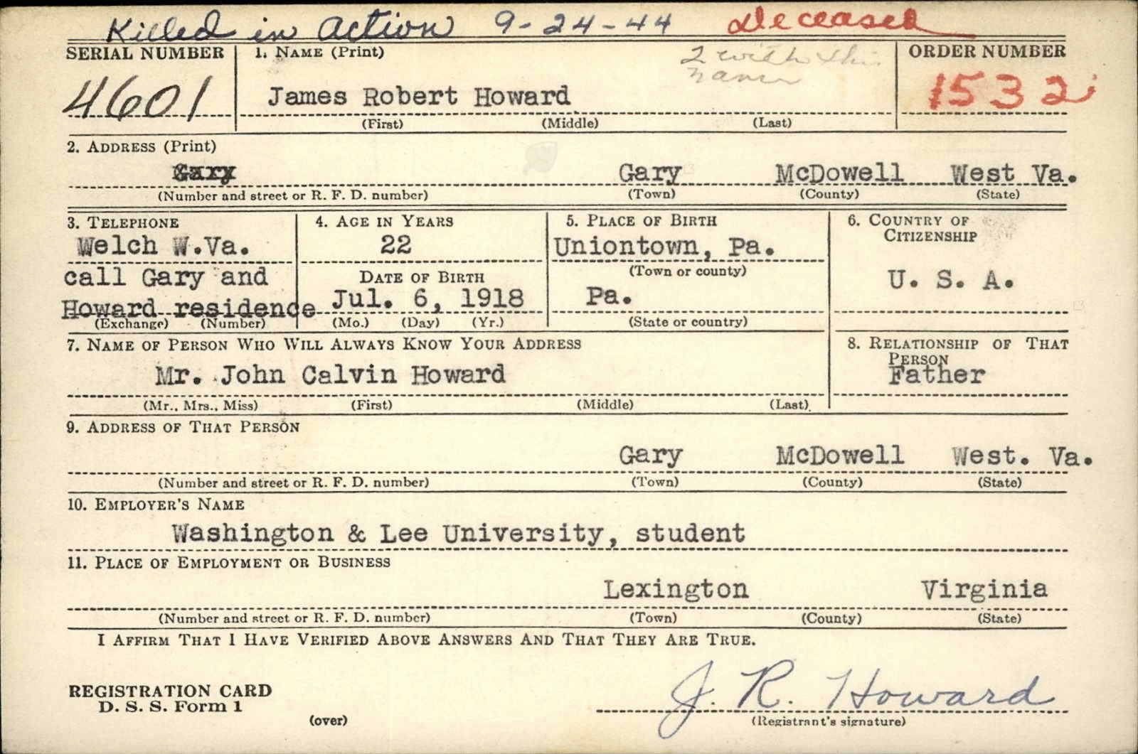 James Robert Howard Draft Registration Card