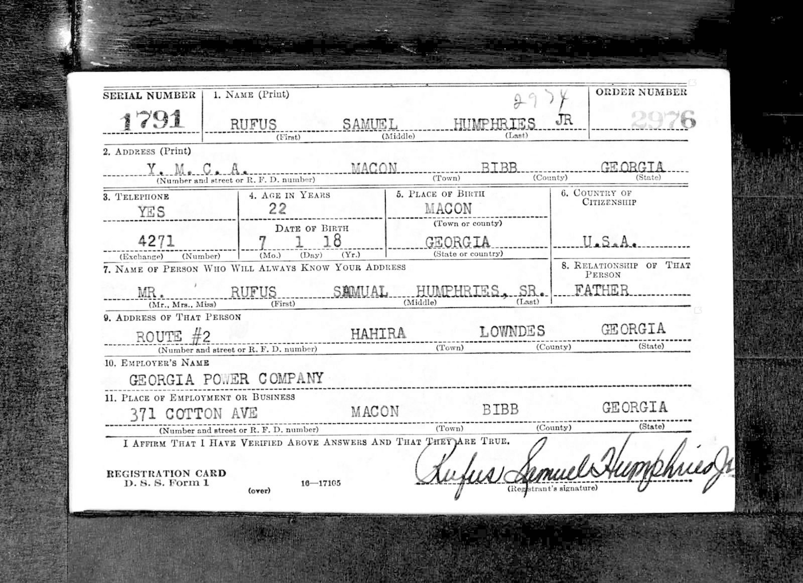 Rufus Samuel Humphries Draft Registration Card