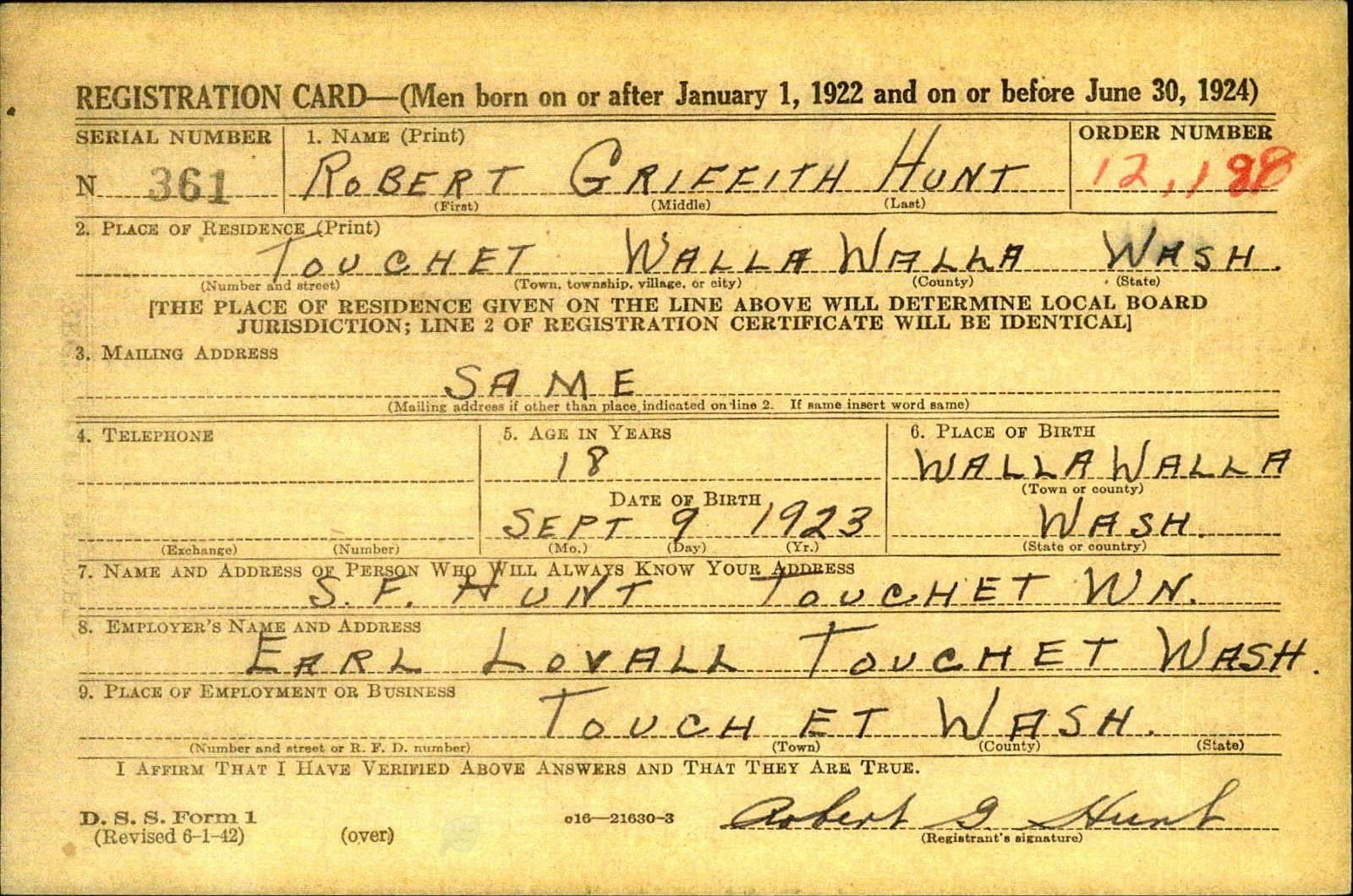Robert Griffith Hunt Draft Registration Card