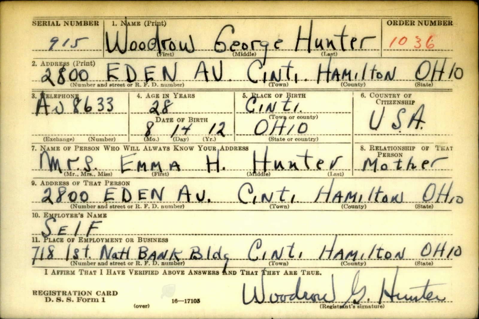 Woodrow George Hunter Draft Registration Card