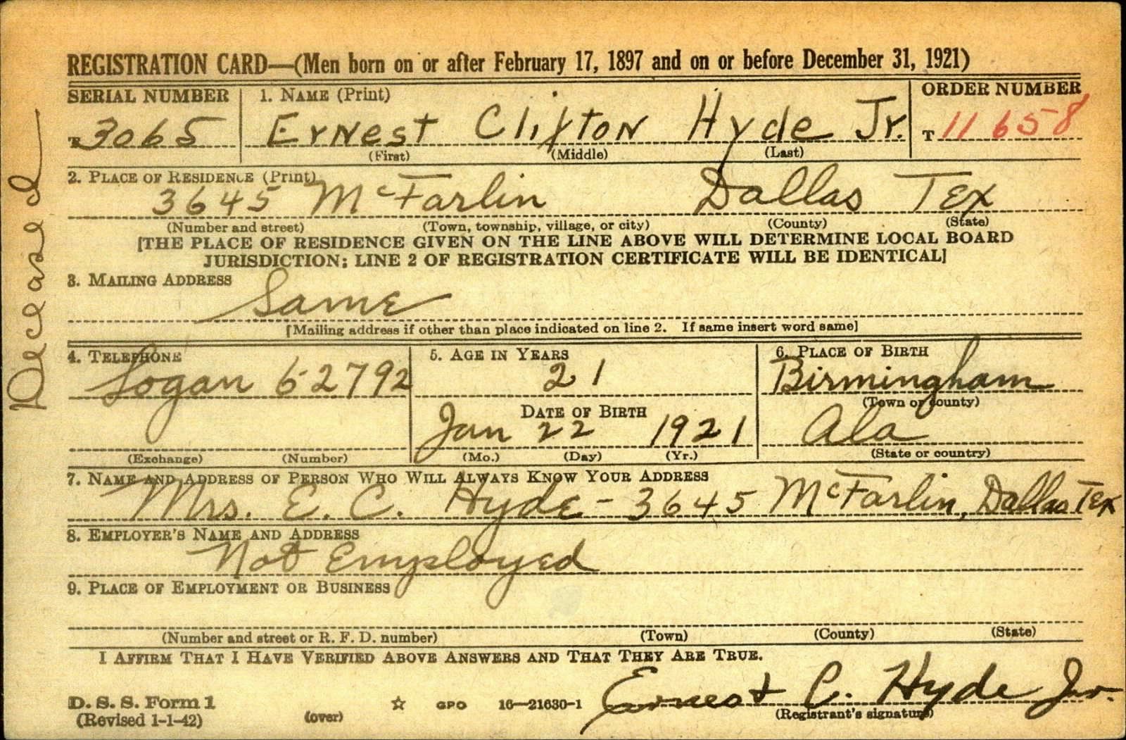 Ernest Clifton Hyde Draft Registration Card
