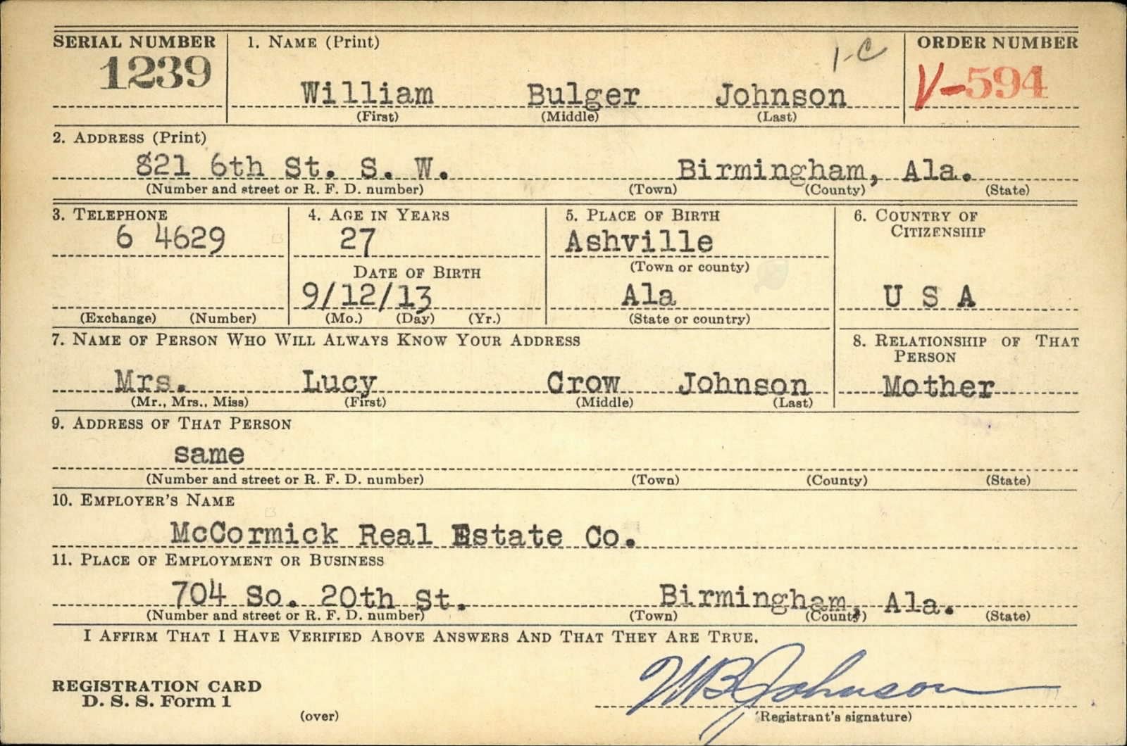 William Bulger Johnson Draft Registration Card