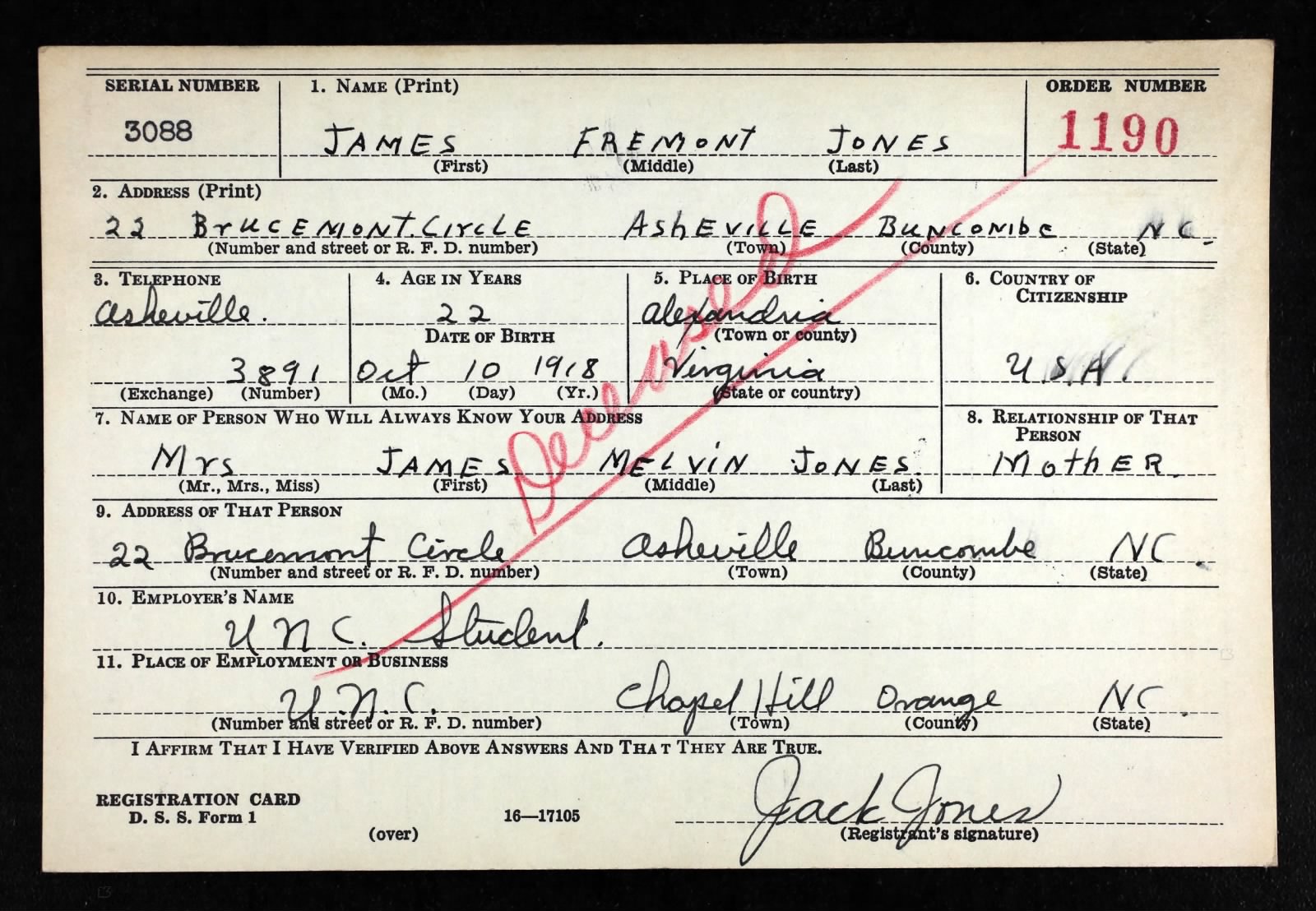 James Fremont Jones Draft Registration Card