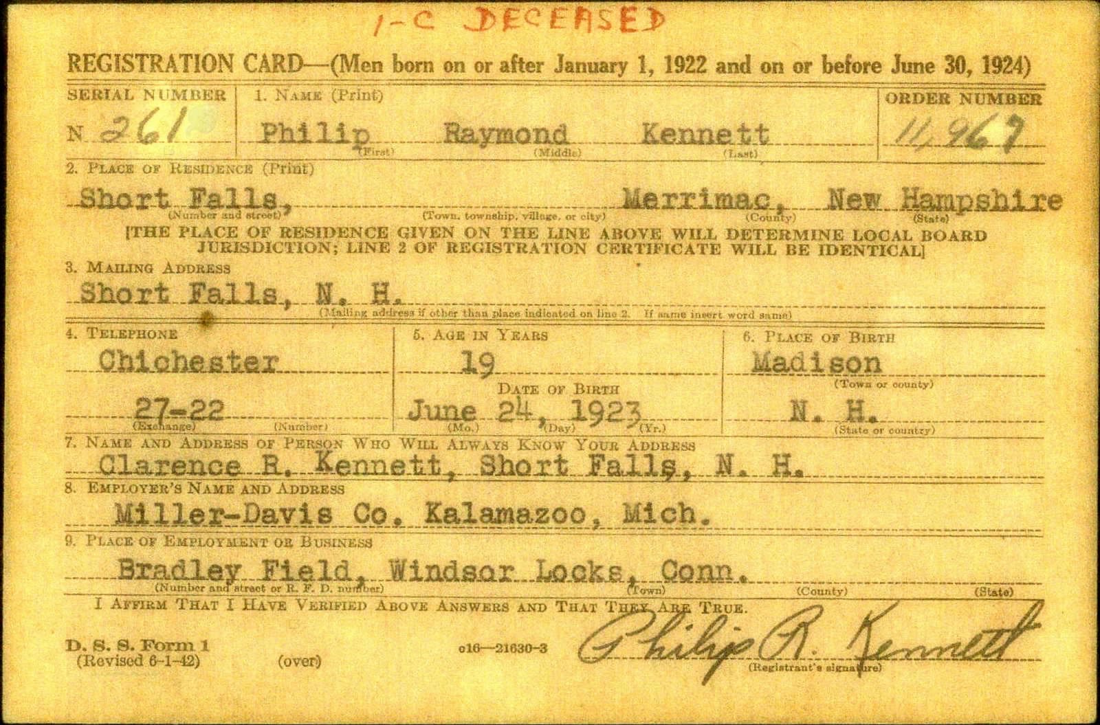 Philip Raymond Kennett Draft Registration Card