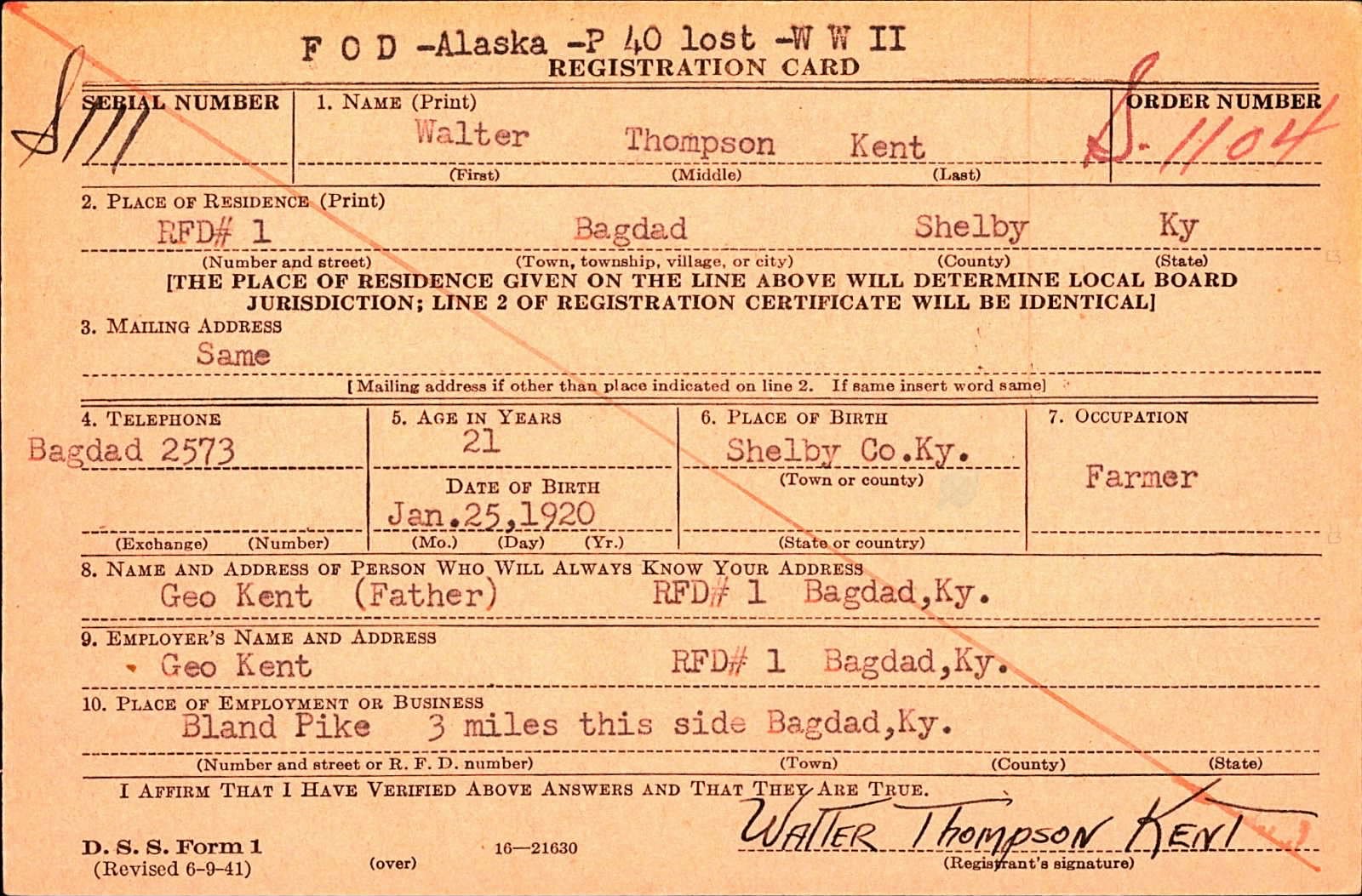 Walter Thompson Kent Draft Registration Card