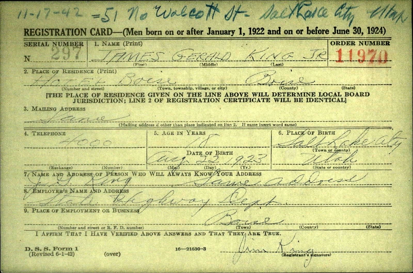 James Gerald King Draft Registration Card