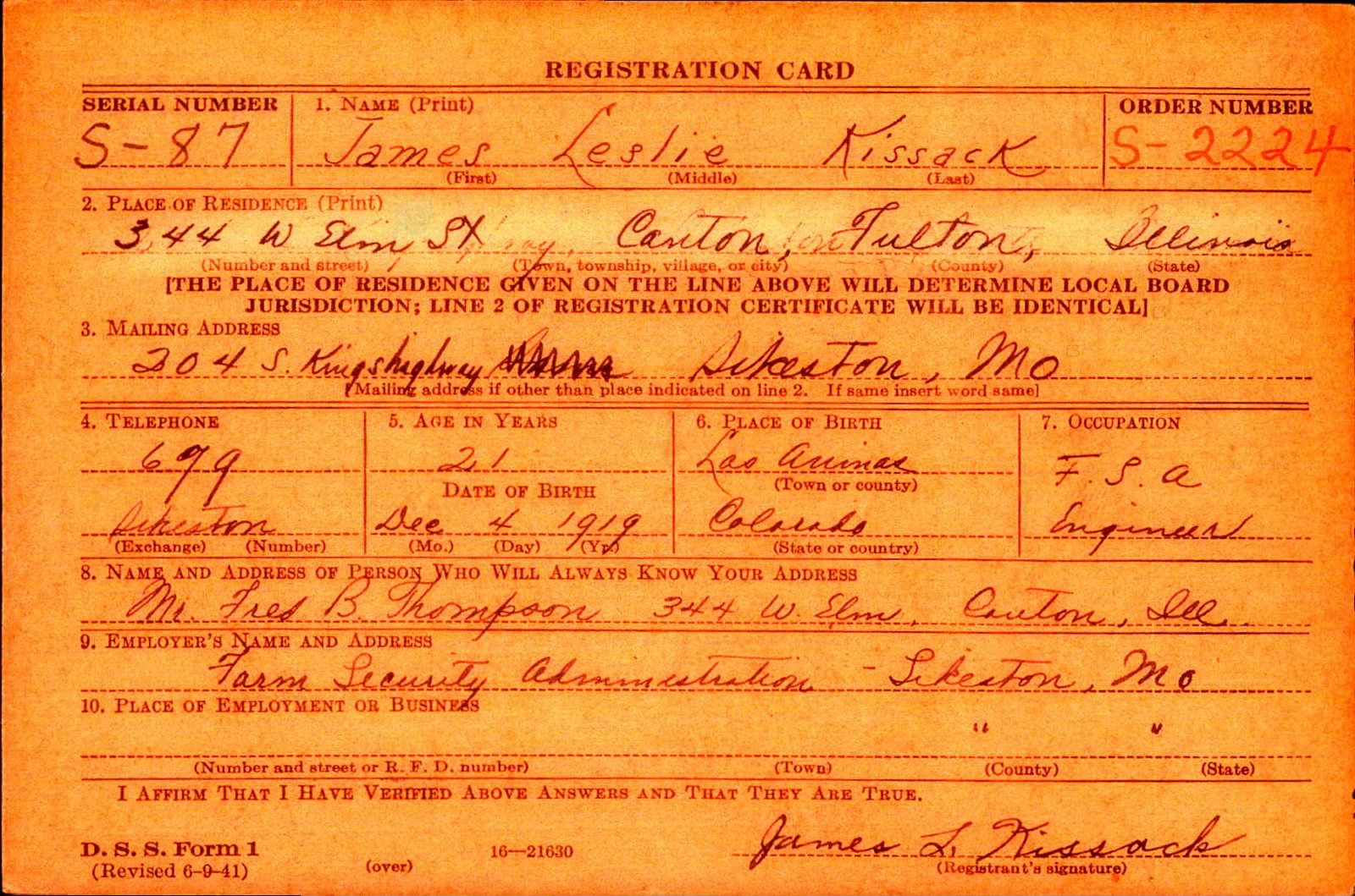 James Leslie Kissack Draft Registration Card