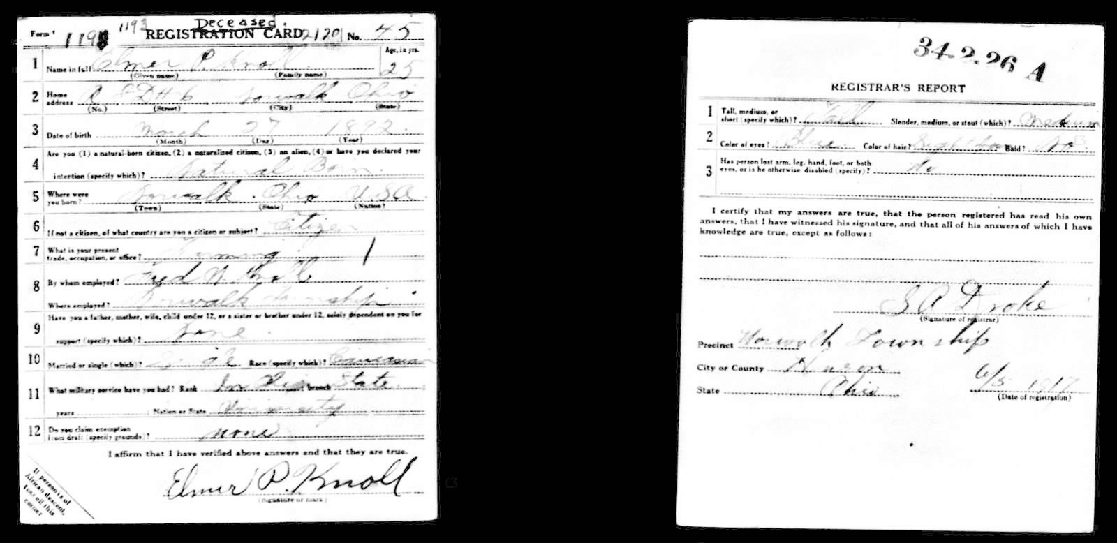 Elmer P Knoll Draft Registration Card