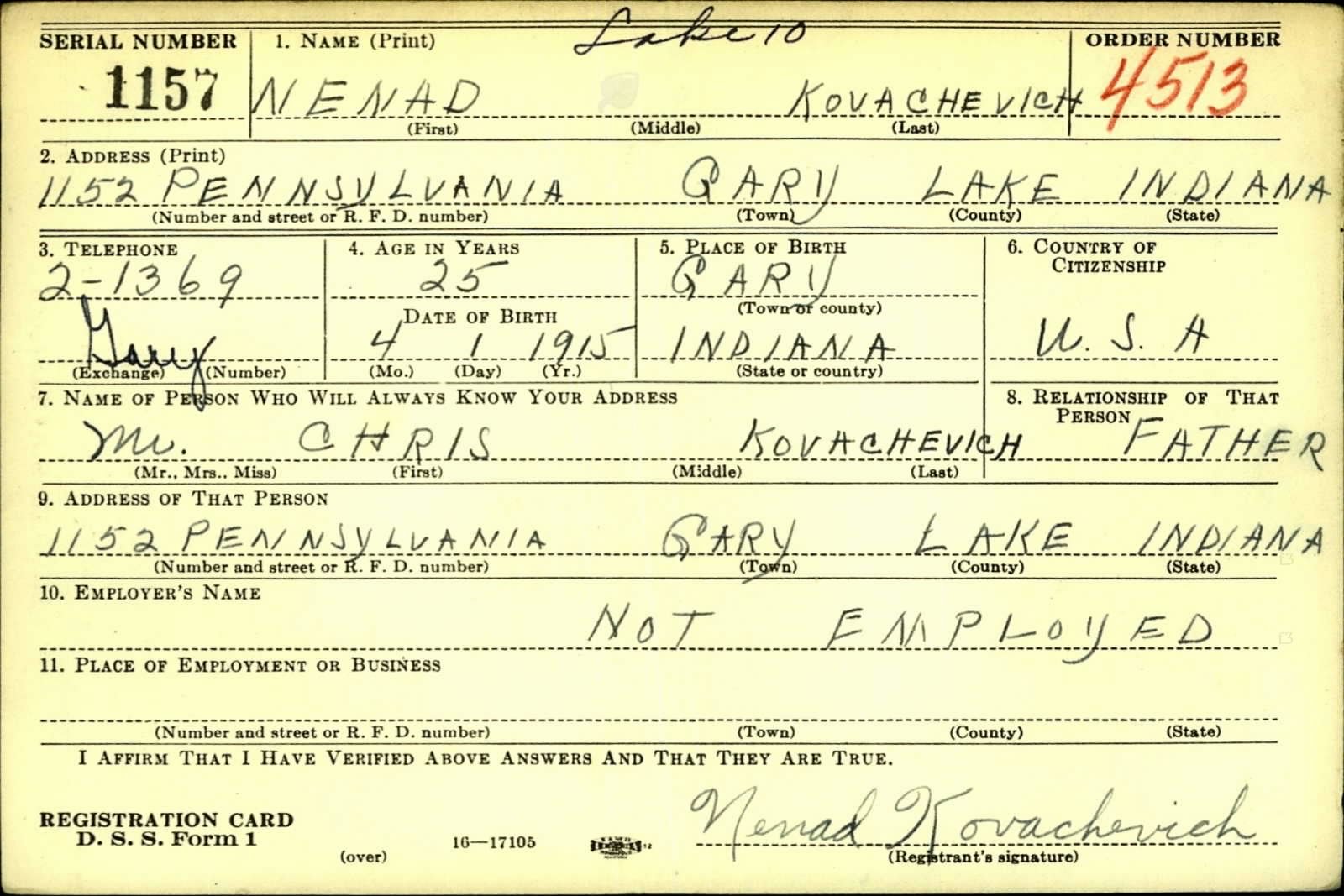 Nenad Kovachevich Draft Registration Card