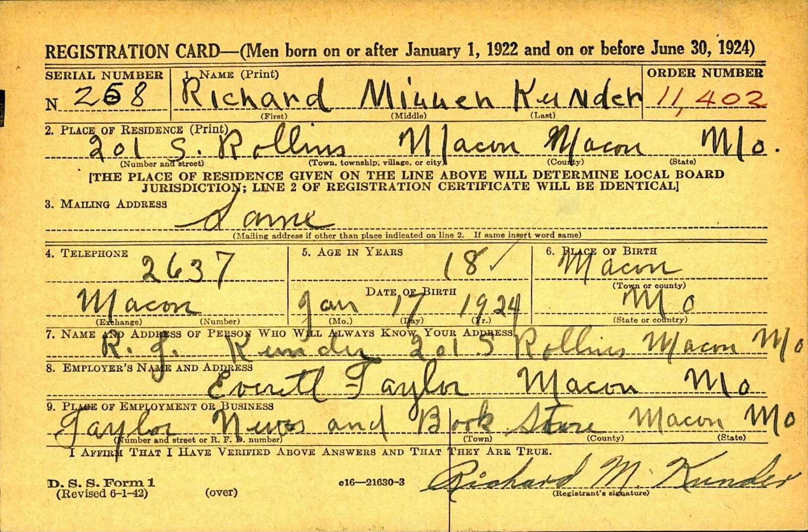 Richard Miuueh Kunder Draft Registration Card