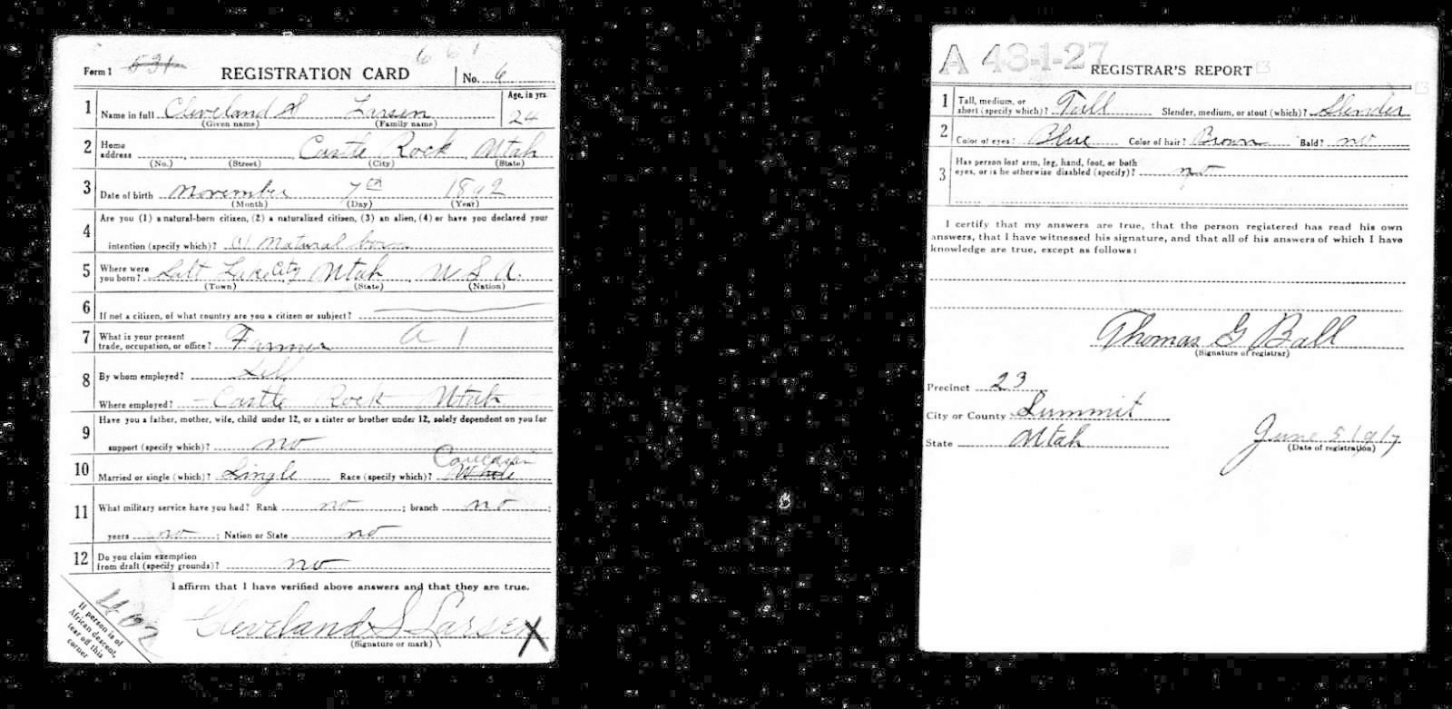 Cleveland S Larson Draft Registration Card