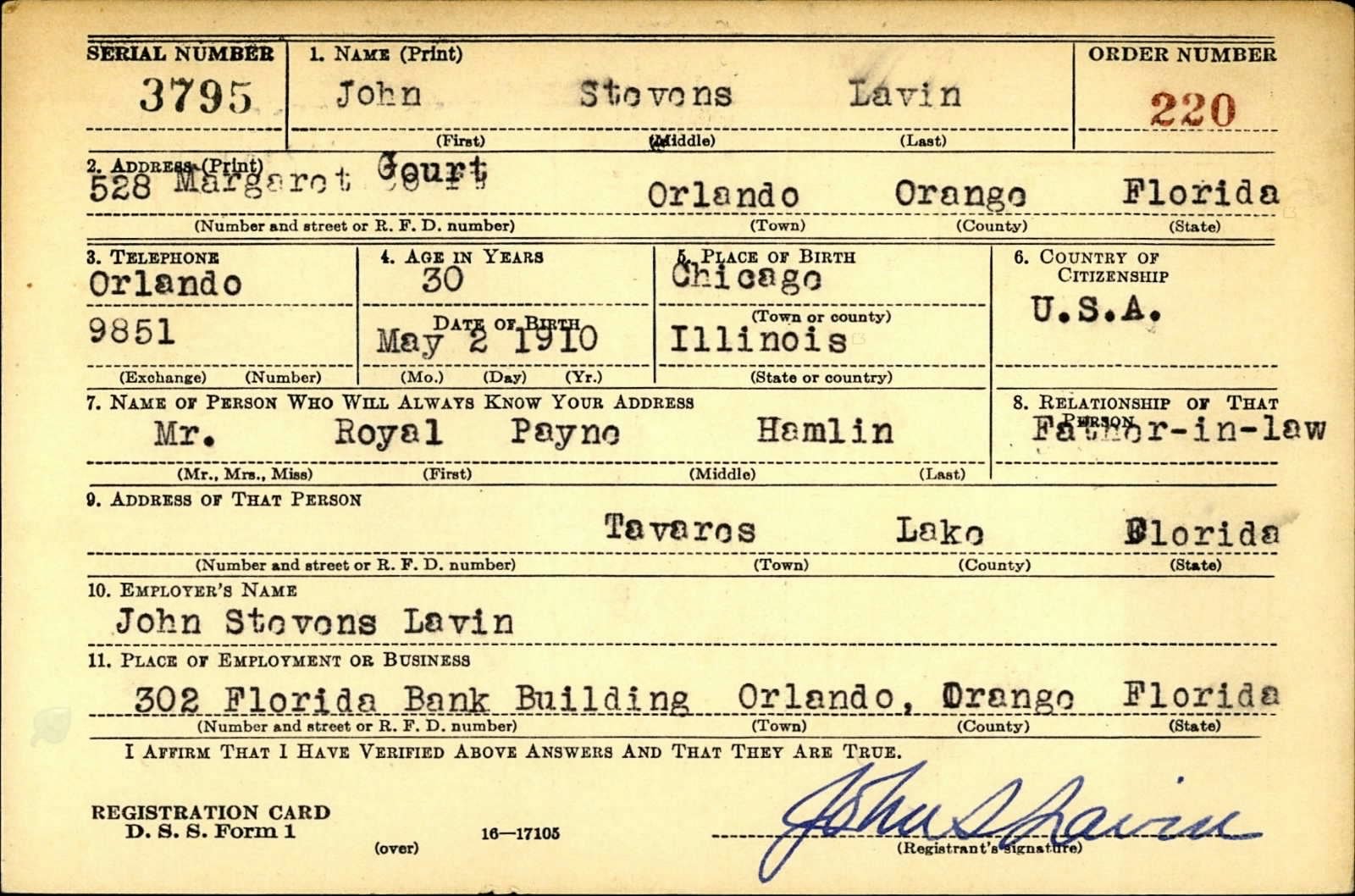 John Stevens Lavin Draft Registration Card
