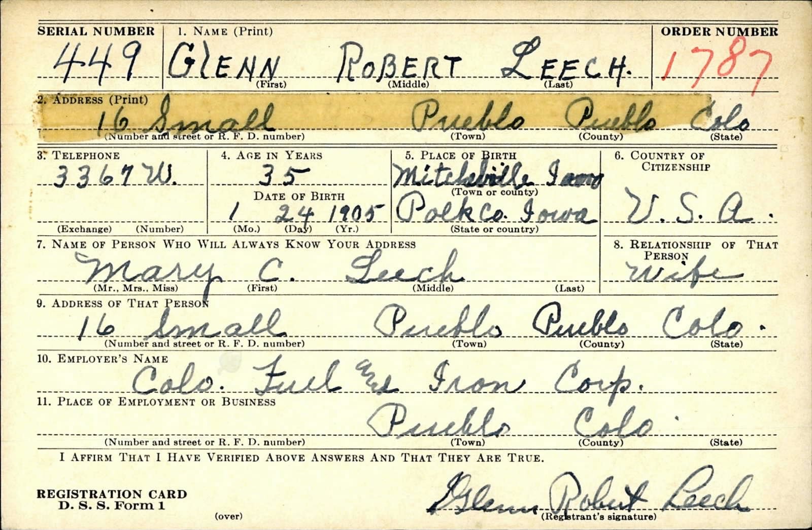 Glenn Robert Leech Draft Registration Card