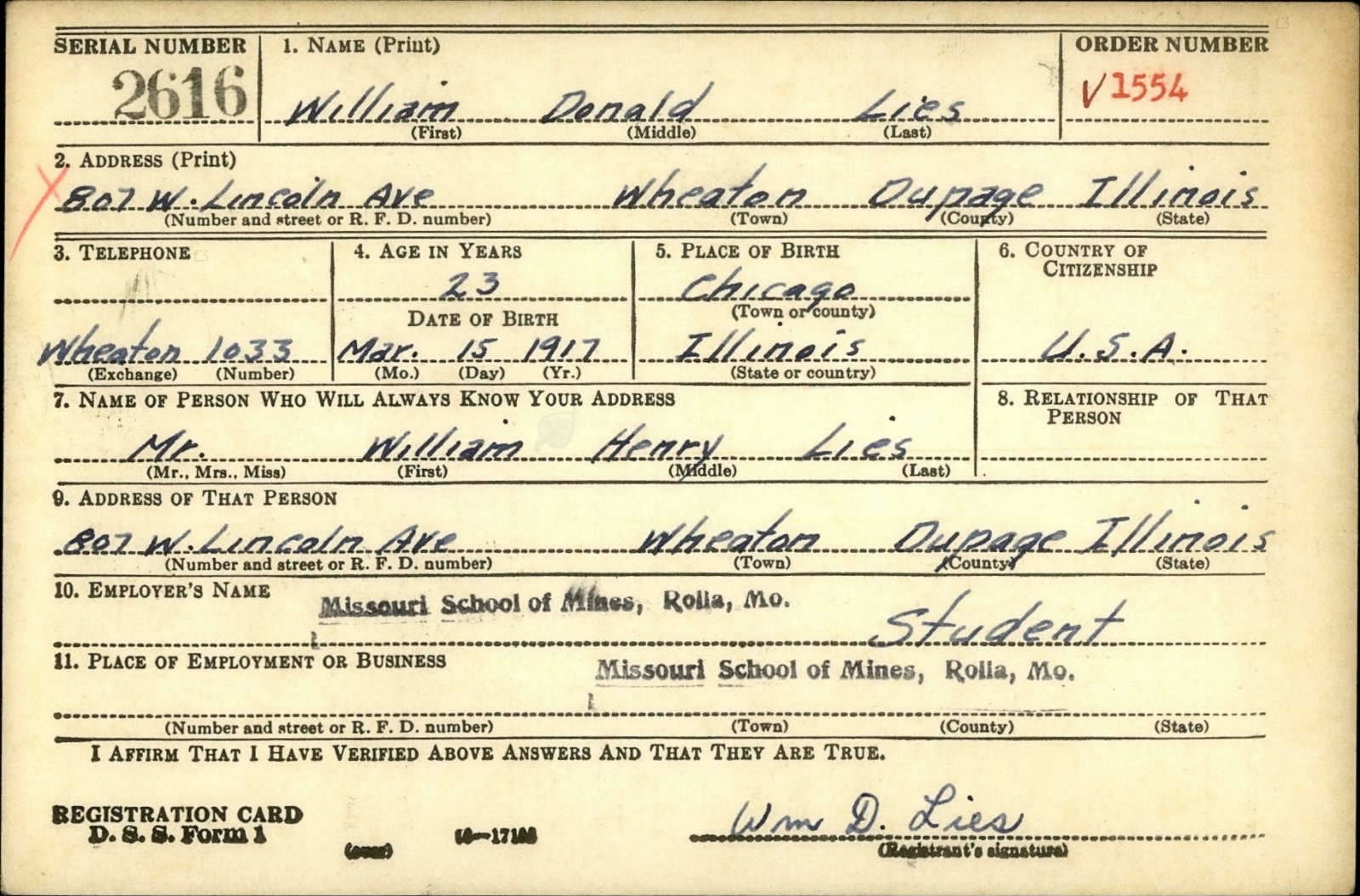 William Donald Lies Draft Registration Card