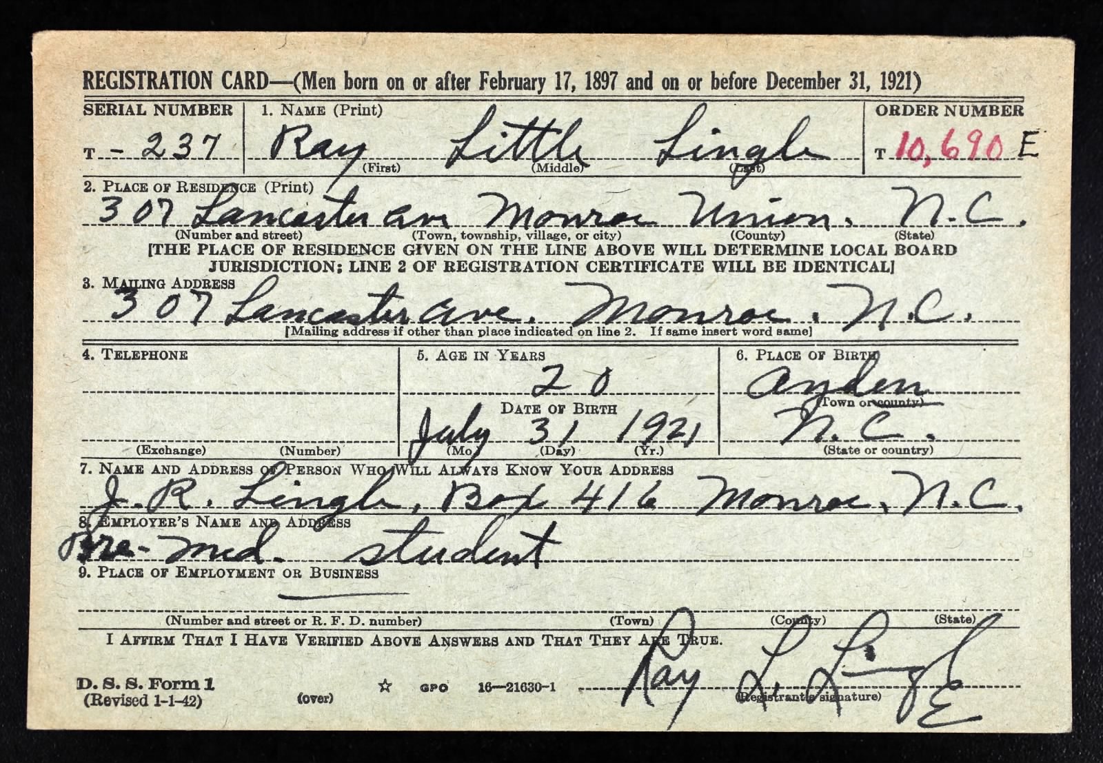 Ray Little Lingle Draft Registration Card