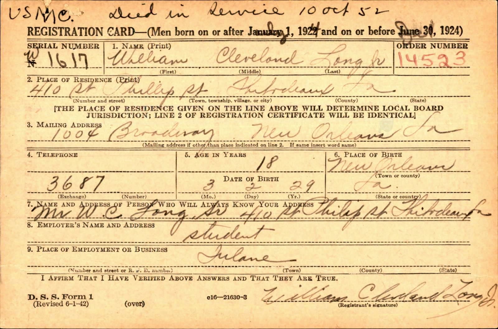 William Cleveland Long Draft Registration Card