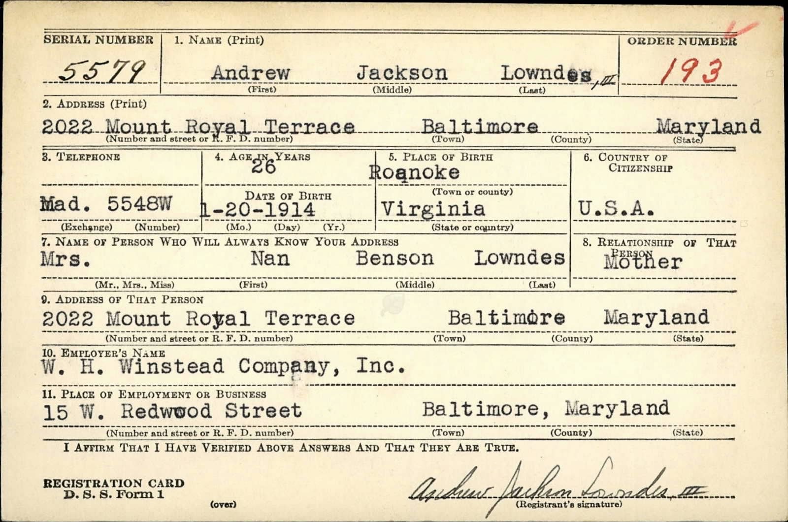 Andrew Jackson Lowndes Draft Registration Card
