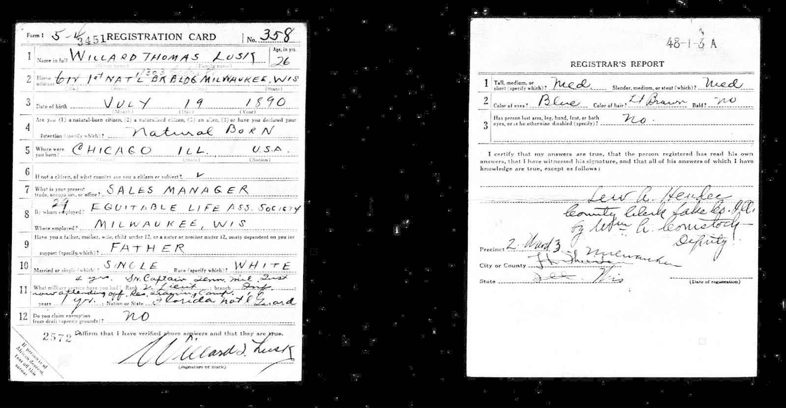 Willard Thomas Lusk Draft Registration Card