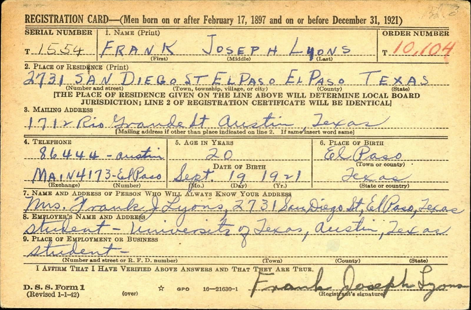 Frank Joseph Lyons Draft Registration Card
