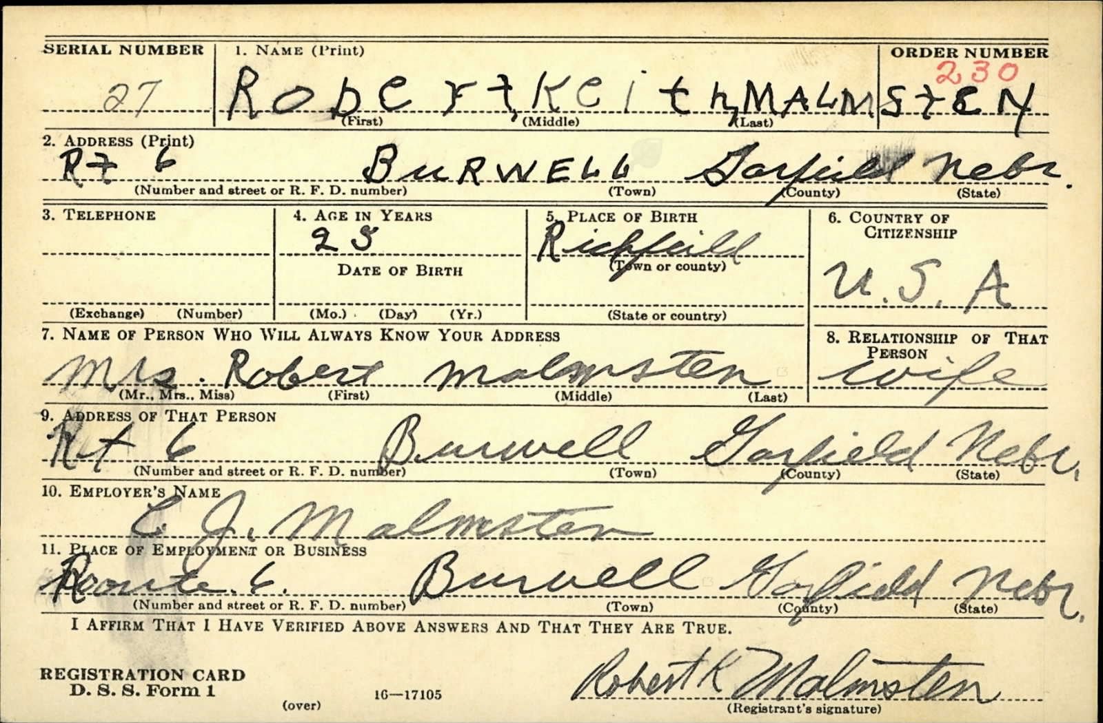 Robert Keith Malmsten Draft Registration Card