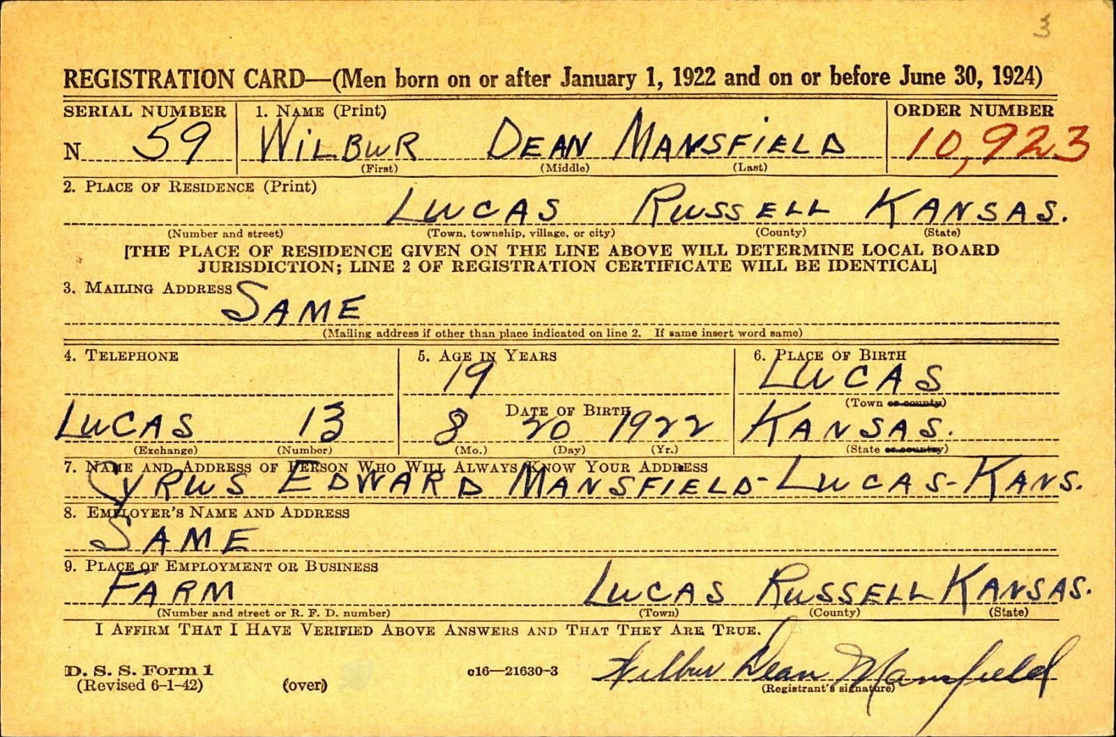 Wilbur Dean Mansfield Draft Registration Card