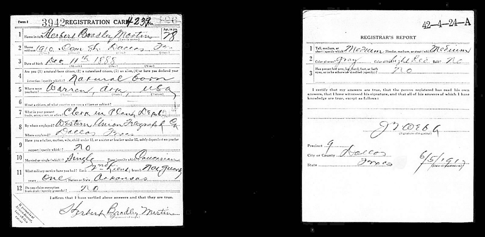 Herbert Bradley Martin Draft Registration Card